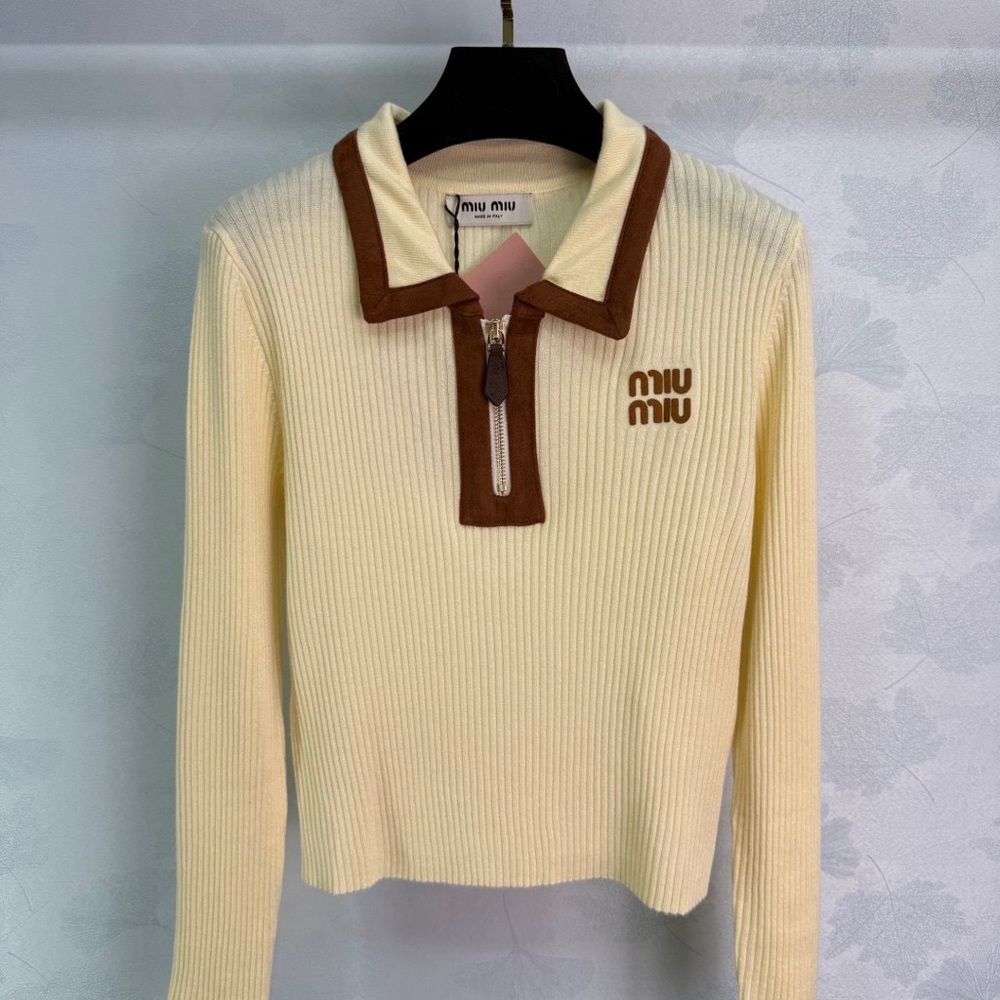 Miu Miu Cream and Brown Ribbed Hoodie